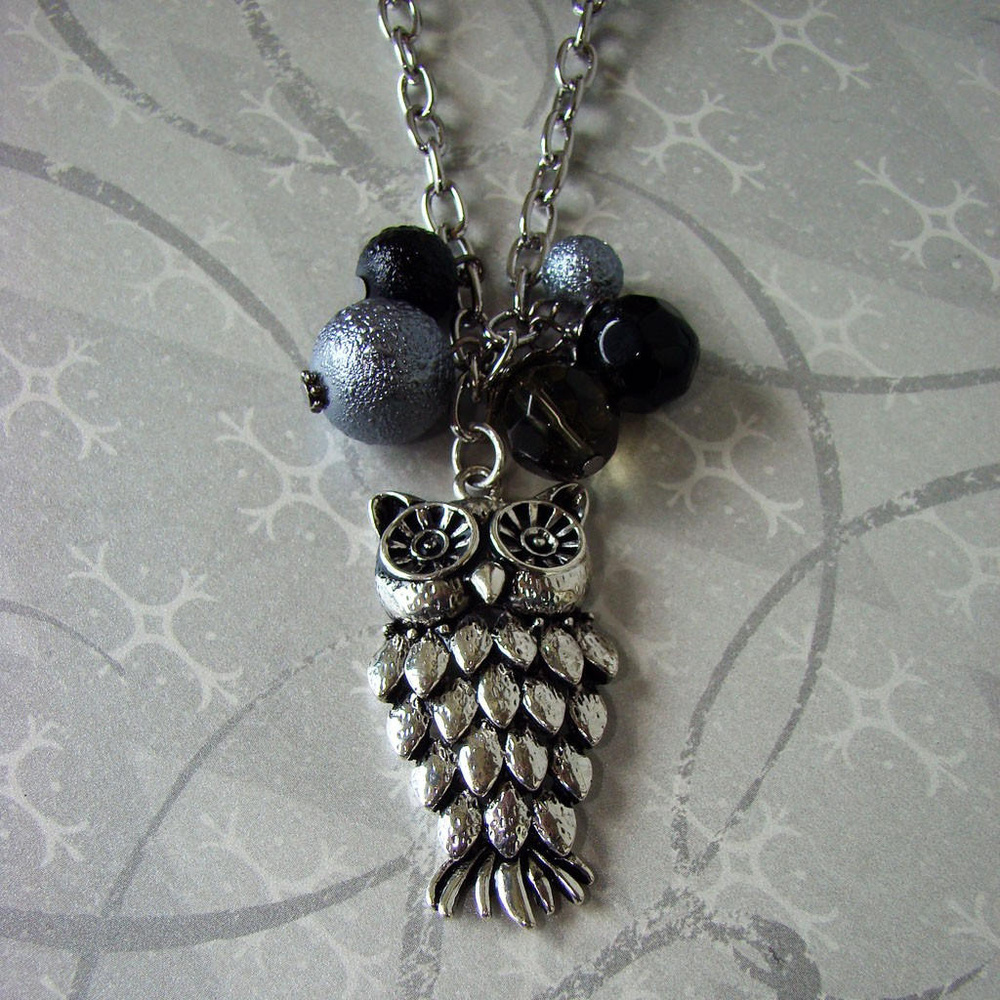Owl Necklace - Black Velvet Bead & Chain Necklace